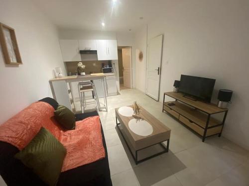 un salon avec un canapé et une table dans l'établissement Studio centre de Béziers, à Béziers