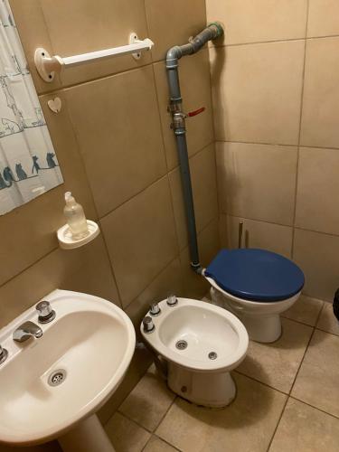 a bathroom with a blue toilet and a sink at Camping El Bolson in El Bolsón