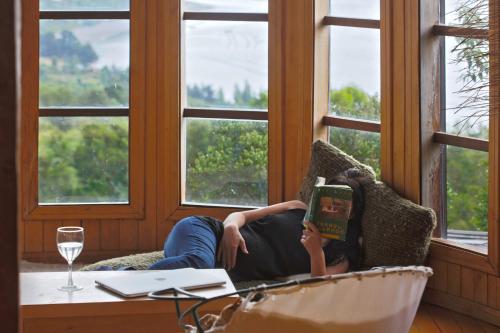 Casa Barco Chiloe في Quilquico: امرأة مستلقية على أريكة تقرأ كتابا