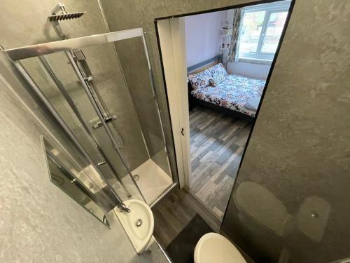 a bathroom with a shower and a toilet and a mirror at City Nest Studio #3 in London