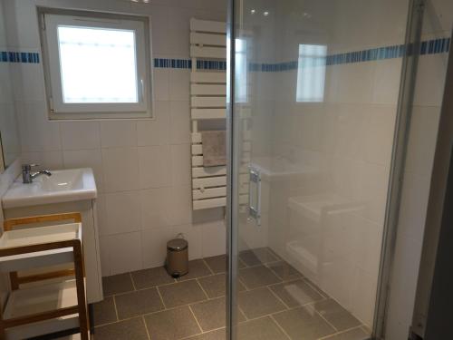 a bathroom with a shower and a sink at Gîte La Bussière, 4 pièces, 5 personnes - FR-1-590-161 in La Bussière