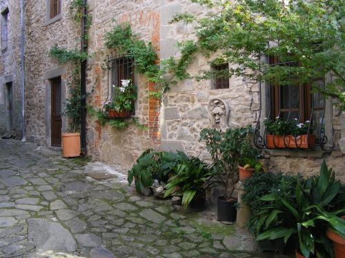 a stone building with potted plants in front of it at Casa Marchi in Bagni di Lucca