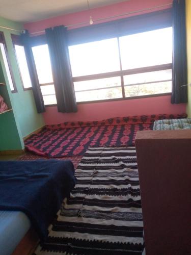 1 dormitorio con 1 habitación grande con ventanas y alfombra en Auberge Assays, en Taliouine