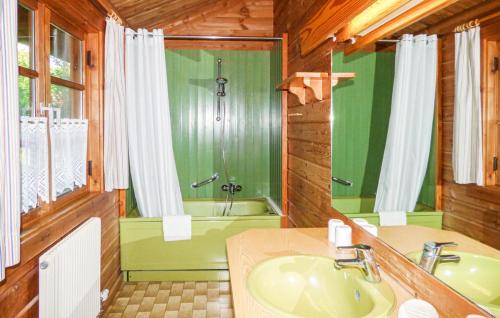 a green bathroom with a tub and a sink at Ferienhaus Erms 87 in Hayingen