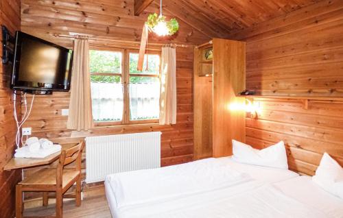 Dormitorio con cama, escritorio y TV en Ferienhaus Erms 87 en Hayingen
