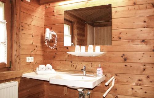 een badkamer met een wastafel en een spiegel bij Ferienhaus Tauber 98 in Hayingen