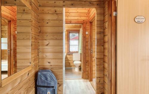 a bathroom with a toilet in a wooden wall at Ferienhaus Neckar 38 in Hayingen