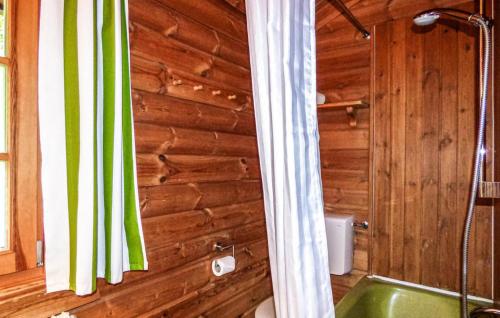 a bathroom with a green tub and a wooden wall at Ferienhaus Donau 89 in Hayingen