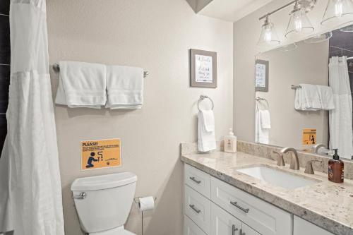 a bathroom with a toilet and a sink and a mirror at Tempe Getaway - Pool - Putting Green in Tempe