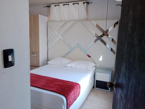 Posada MCKELLER في San Luis: غرفة نوم بسرير أبيض مع بطانية حمراء