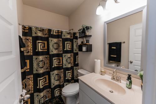 a bathroom with a sink and a toilet and a mirror at Luxury Bedroom with Private Bath in Hampton