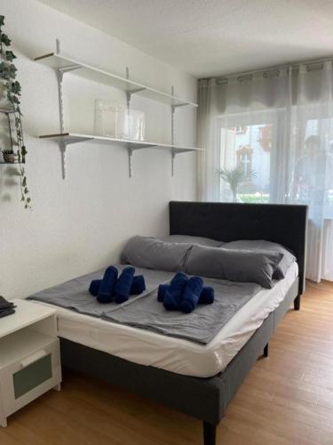 a bedroom with a bed with blue pillows on it at Gemütliches Apartment Nähe Bahnhof in Trier