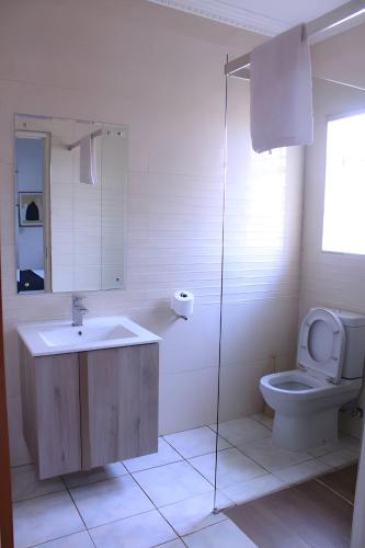 a bathroom with a sink and a toilet at Living Quarters BNB in Bobonong