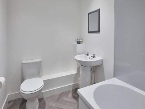 La salle de bains blanche est pourvue de toilettes et d'un lavabo. dans l'établissement Apartment 6 in Loftus by Belvilla, à Saltburn-by-the-Sea