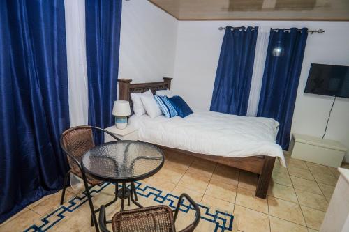 a bedroom with a bed with blue curtains and a chair at Casa Nella in Tamarindo