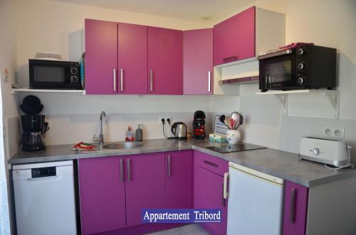 a kitchen with purple cabinets and a sink at Villa des 4 saisons in Saint-Trojan-les-Bains