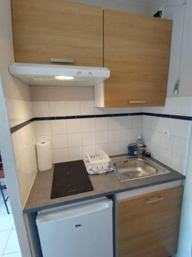 une petite cuisine avec un évier et une cuisinière dans l'établissement Charming studio in Avignon, à Avignon
