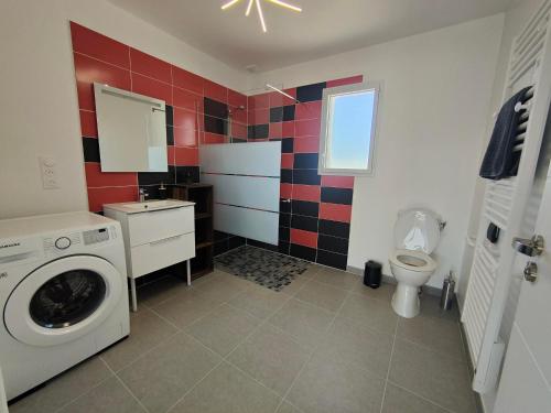 une salle de bain avec machine à laver et toilettes dans l'établissement Perroquet & Koala 2 logements 10min du zoo de Beauval et proche château, à Saint-Romain-sur-Cher