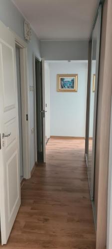 a hallway with white walls and a painting on the wall at Viscosa Holiday Apartment in Kõrgessaare