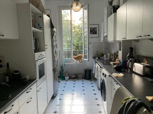 une cuisine avec des armoires blanches et un sol carrelé dans l'établissement Garden Green, à Paris