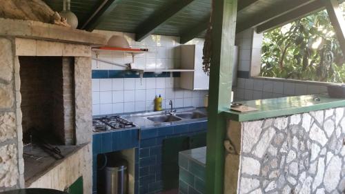 een keuken met een wastafel en een fornuis top oven bij House Vugrinec with garden and parking in Šišan