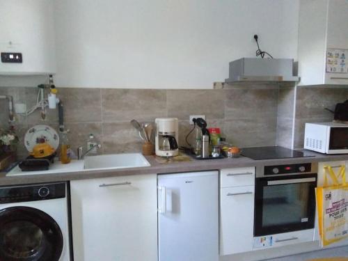 une cuisine avec un évier et une cuisinière four supérieur dans l'établissement F1 centre-ville refait à neuf, à Roquebillière