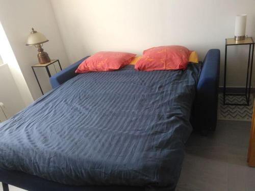 un lit avec deux oreillers dessus dans une chambre dans l'établissement F1 centre-ville refait à neuf, à Roquebillière