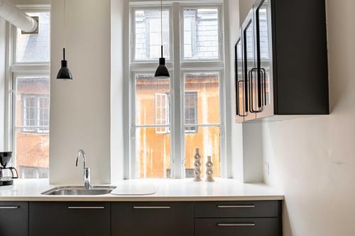 cocina con fregadero y ventana en Rare 4BR Apartment w Unique Details in CPH City, en Copenhague