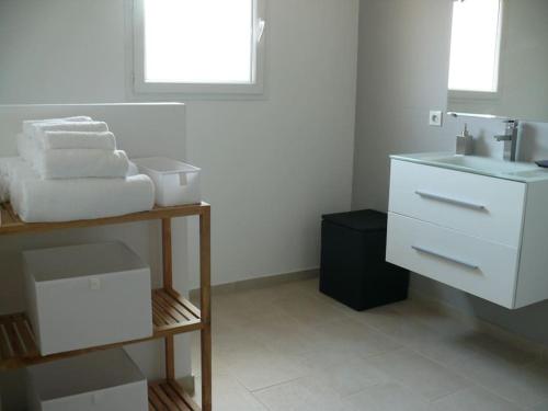 une salle de bain avec un lavabo et un comptoir avec des serviettes dans l'établissement TARRA DI ALZU - T2 en RDJ villa, à Porto-Vecchio