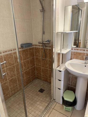 une salle de bain avec douche et lavabo dans l'établissement HOLIDAYLAND 436 VILLA T2 MEZZANINE 6 couchages climatisé NARBONNE PLAGE, à Narbonne-Plage