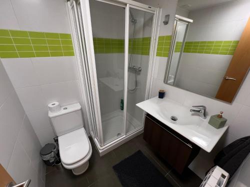 a bathroom with a shower and a toilet and a sink at Apartament reformat al Berguedà in Sant Jordi de Cercs