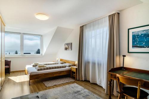 Schlafzimmer mit einem Bett, einem Schreibtisch und einem Fenster in der Unterkunft Haus Alexander in Meersburg