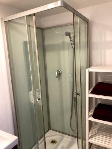une douche avec une porte vitrée dans une salle de bain dans l'établissement Duplex rare avec terrasse vue à 360 Théâtre, à Orange