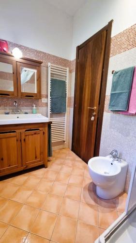 a bathroom with a sink and a toilet in it at Bee Freeride Biker house in Magliolo