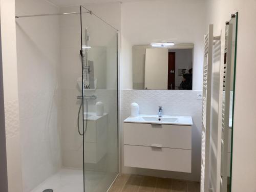 une salle de bain blanche avec un lavabo et une douche dans l'établissement Les Embruns Appart 1ere ligne Carnon parking gratuit, à Mauguio
