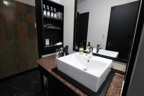 a bathroom with a white sink and a mirror at HOTEL C-PLUS - Adult Only in Gyōda