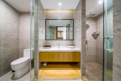 a bathroom with a toilet and a sink and a shower at Mekong River Jing Land Hotel in Jinghong