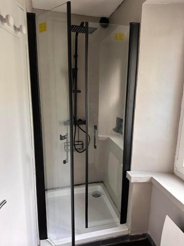 une douche avec une porte vitrée dans une salle de bain dans l'établissement Le Chtit Appart - Joli appt vue montagne, à Cornimont