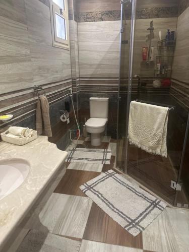 Un baño con inodoro, ducha y lavabo. en Cozy room, en El Cairo