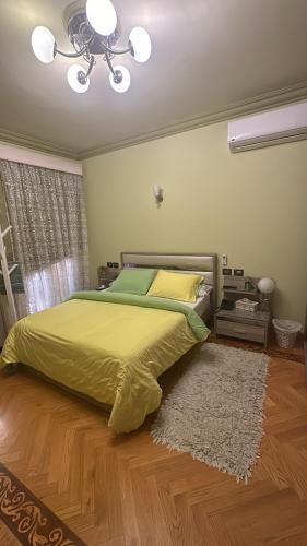 a bedroom with a green bed and a rug at Cozy room in Cairo