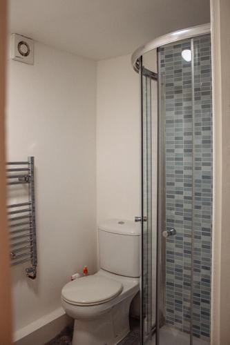 a bathroom with a toilet and a glass shower at Family Getaway at Working Farm in Church Fenton