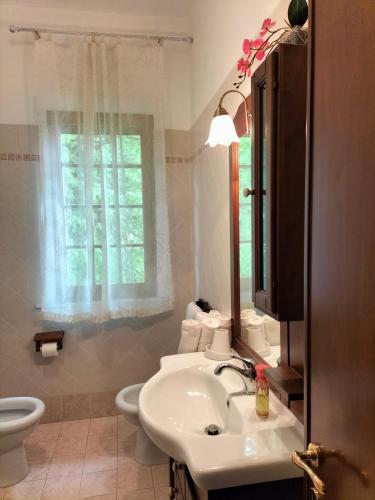 a bathroom with a sink and a toilet and a window at Casa vacanze Bonardini in Castiglione del Lago