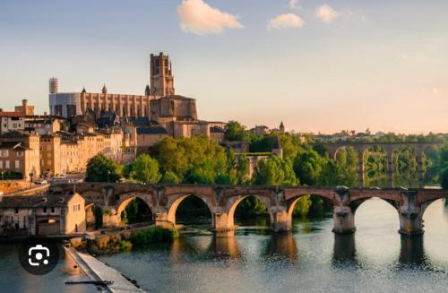 a bridge over a river with a city in the background at Gîte de charme et spa prés d'Albi , Au Mas de Bel Air in Arthès
