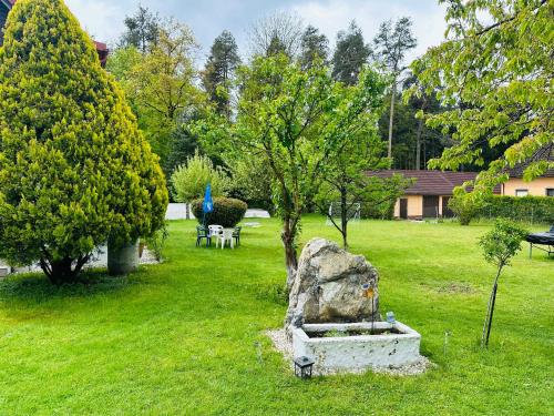 ein Park mit einem Baum und einem Felsen im Gras in der Unterkunft Apartment Dolina 8a Kärnten KLagenfurt 