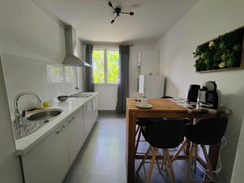 une cuisine avec un évier et une table avec des chaises dans l'établissement eden green, à Seyssinet-Pariset