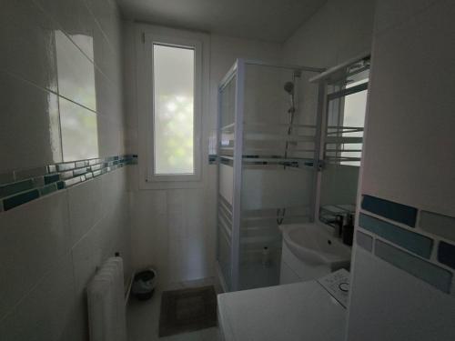 une salle de bain avec un lavabo et des toilettes et une fenêtre dans l'établissement eden green, à Seyssinet-Pariset