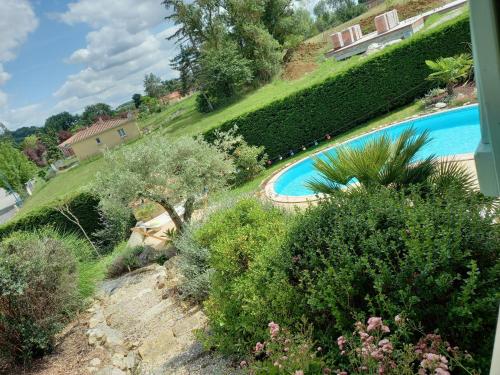 une vue aérienne d'une piscine dans un jardin dans l'établissement La Tropézienne, à Castéra-Verduzan