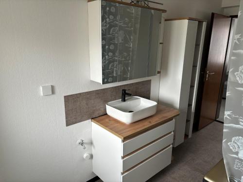 ein Badezimmer mit einem weißen Waschbecken und einem Spiegel in der Unterkunft Henneberger Hof in Münnerstadt