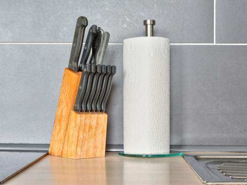 a knife block next to a roll of paper towels at Apartment Am Malerwinkel by Interhome in Schieder-Schwalenberg