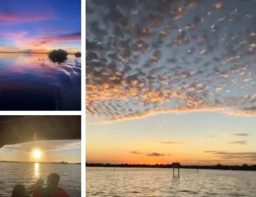 three different views of a sunset on the water at Sunny Delight I in Cape Canaveral